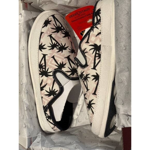 Deer Stags Mens Spike Palm Tree Canvas Slide Slippers, White/Black, Size M, NIB - Picture 2 of 3